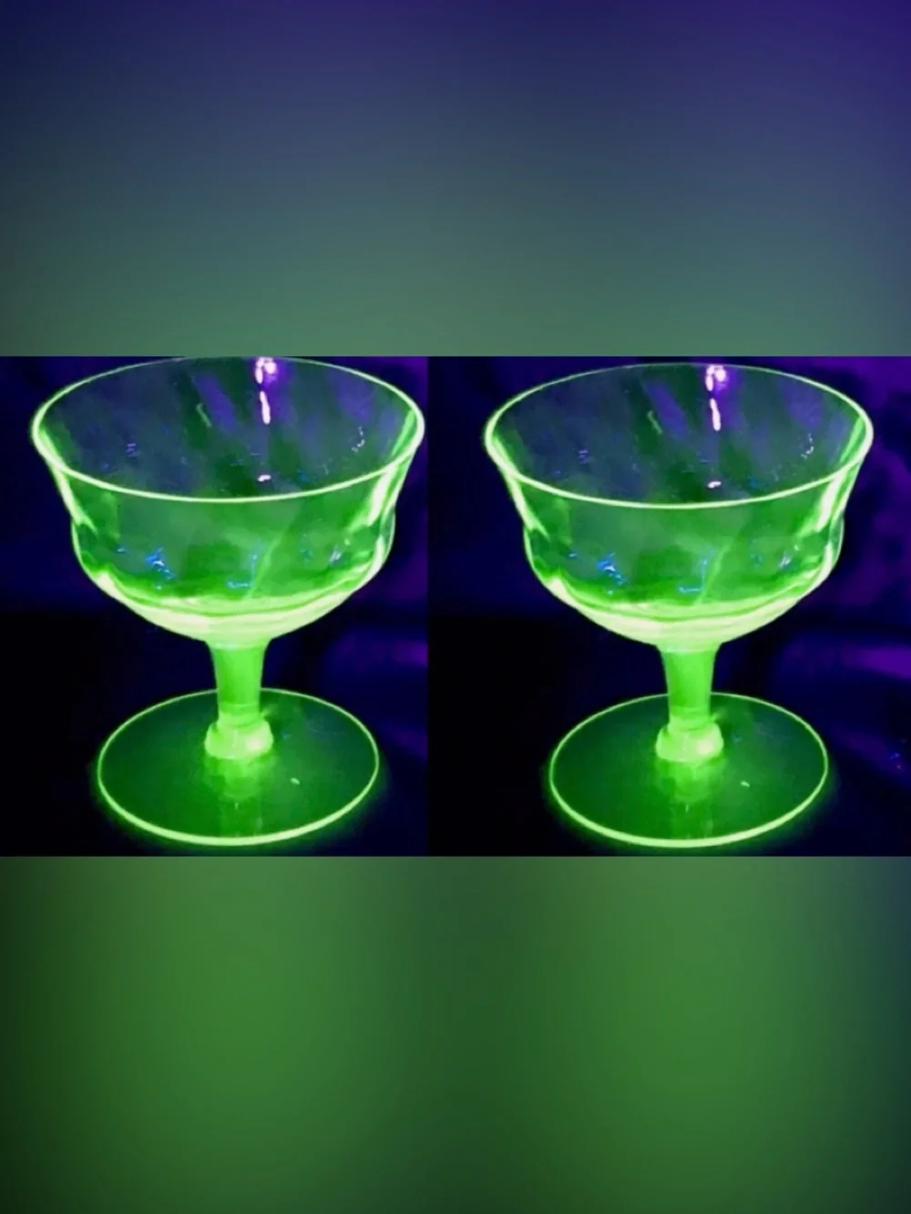Tiffin Uranium Glass Champagne Coupe Pair Green UV Glow Vintage 1920s